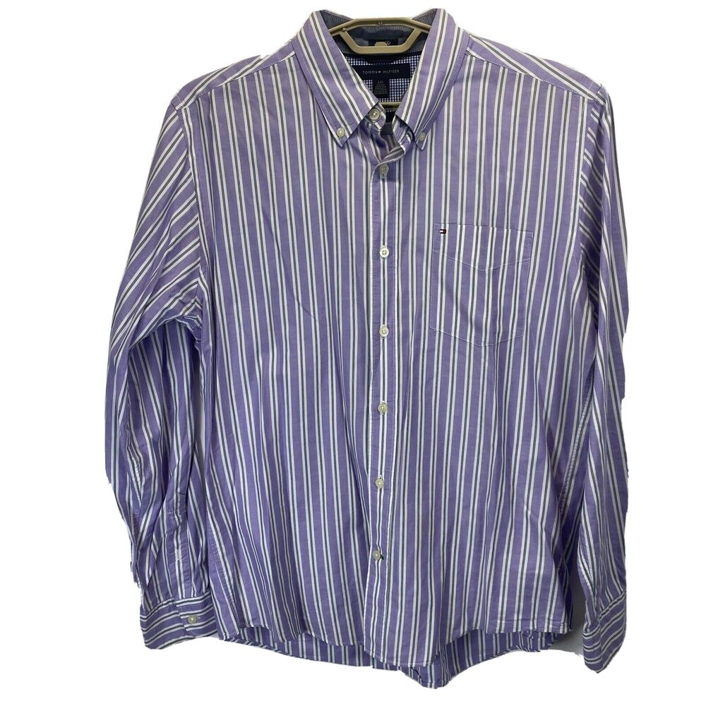 Tommy Hilfiger Men's Dress Shirt Large 17.5 36 Purple Green Striped Slim Fit